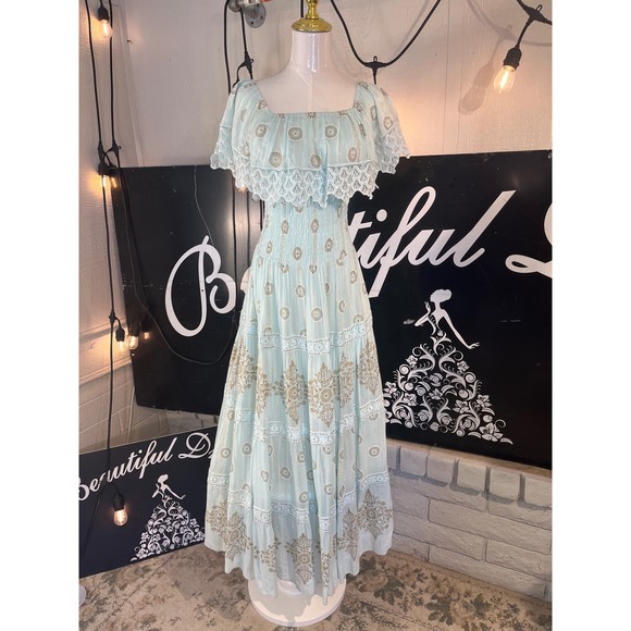 Boho Mint Green Maxi Dress Off Shoulder Ruffle Lace Print Smocked Waist‎ Size S - Picture 7 of 7
